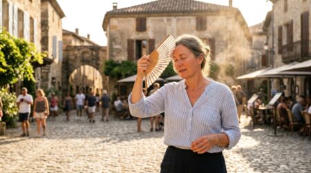 Femme s'éventant en pleine chaleur estivale en France