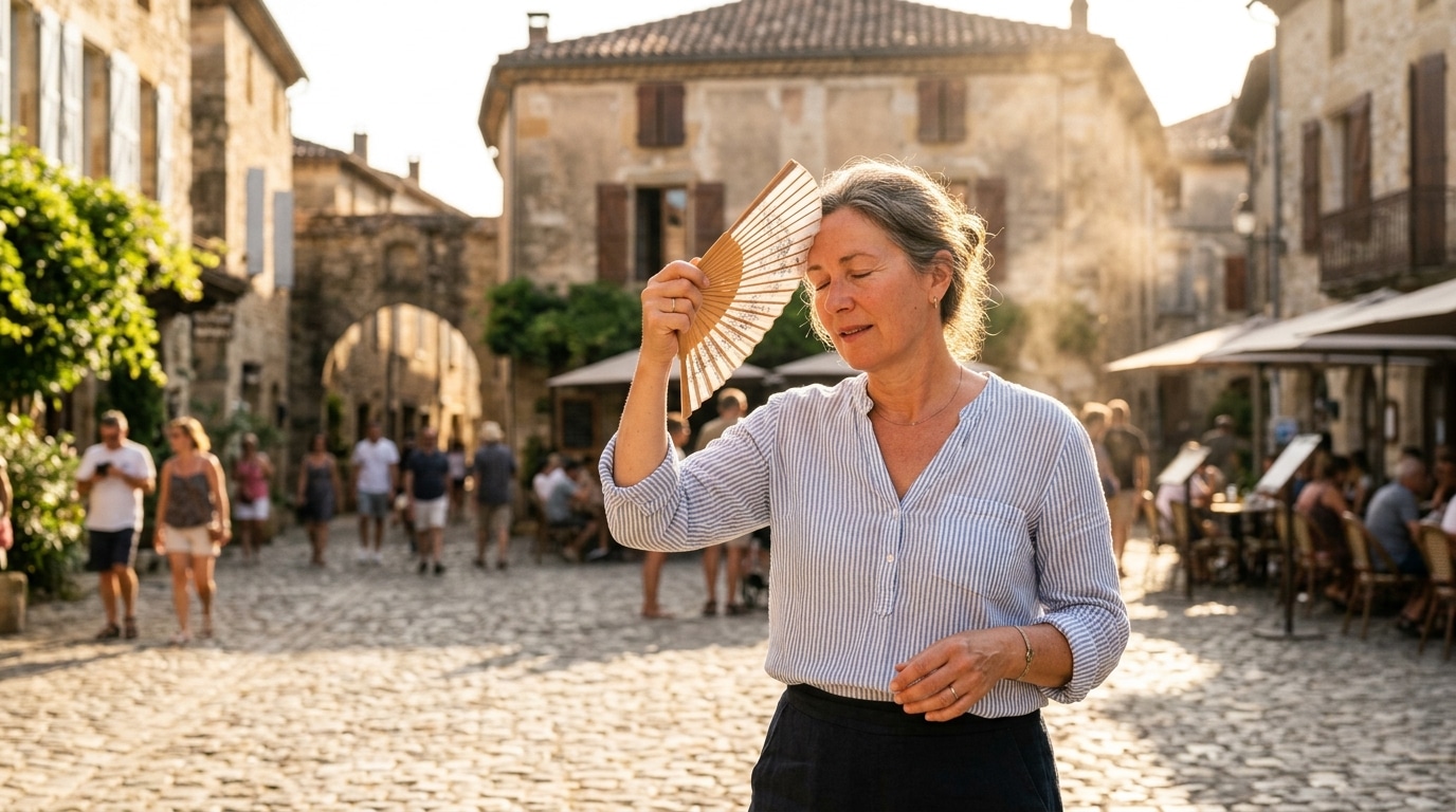 Femme s'éventant en pleine chaleur estivale en France