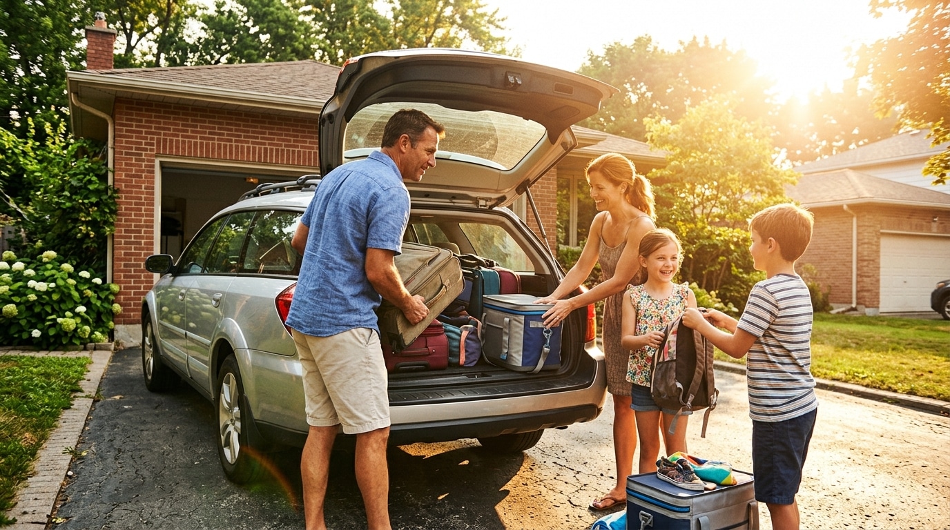 Famille préparant ses valises pour les vacances d'août