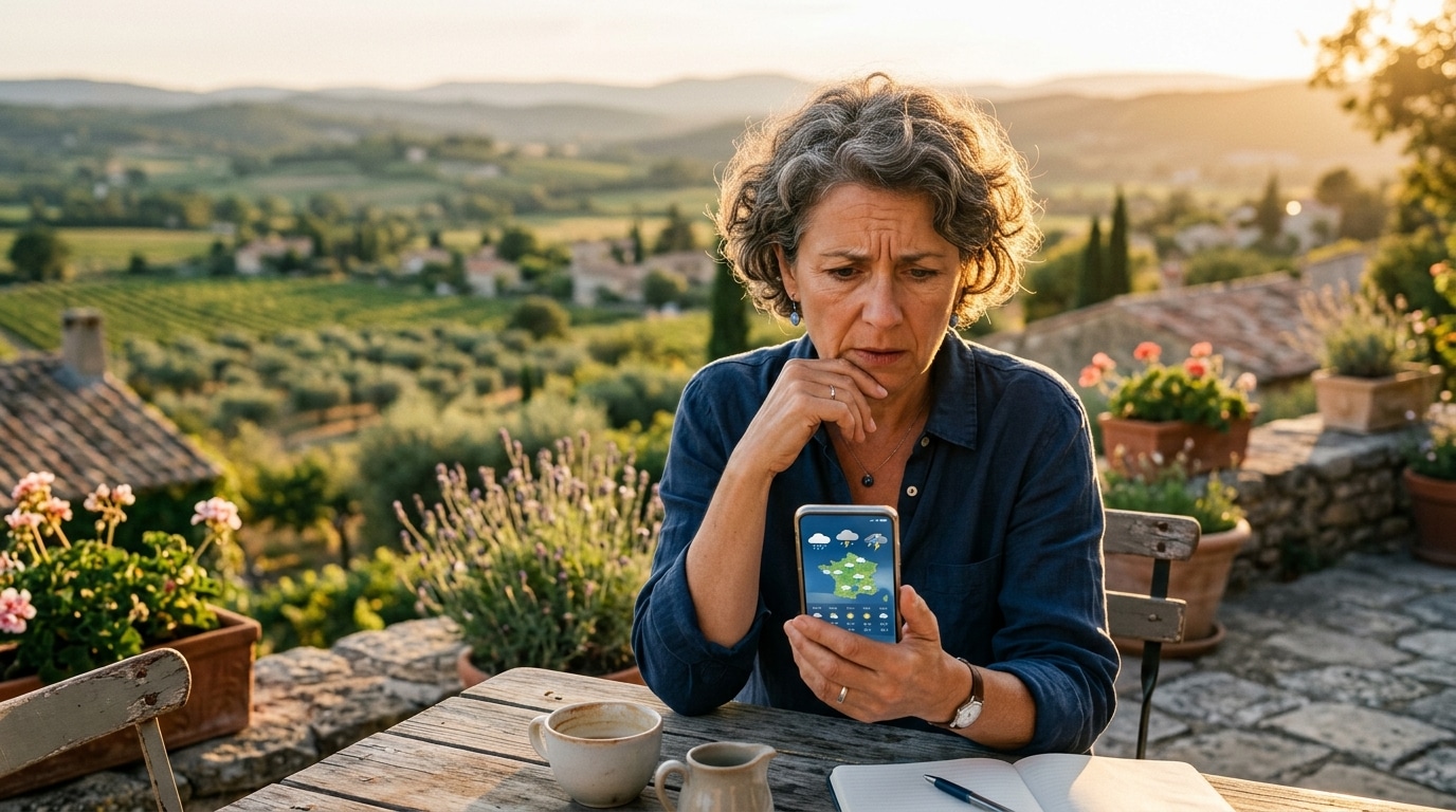 Femme inquiète consultant la météo sur son téléphone en terrasse