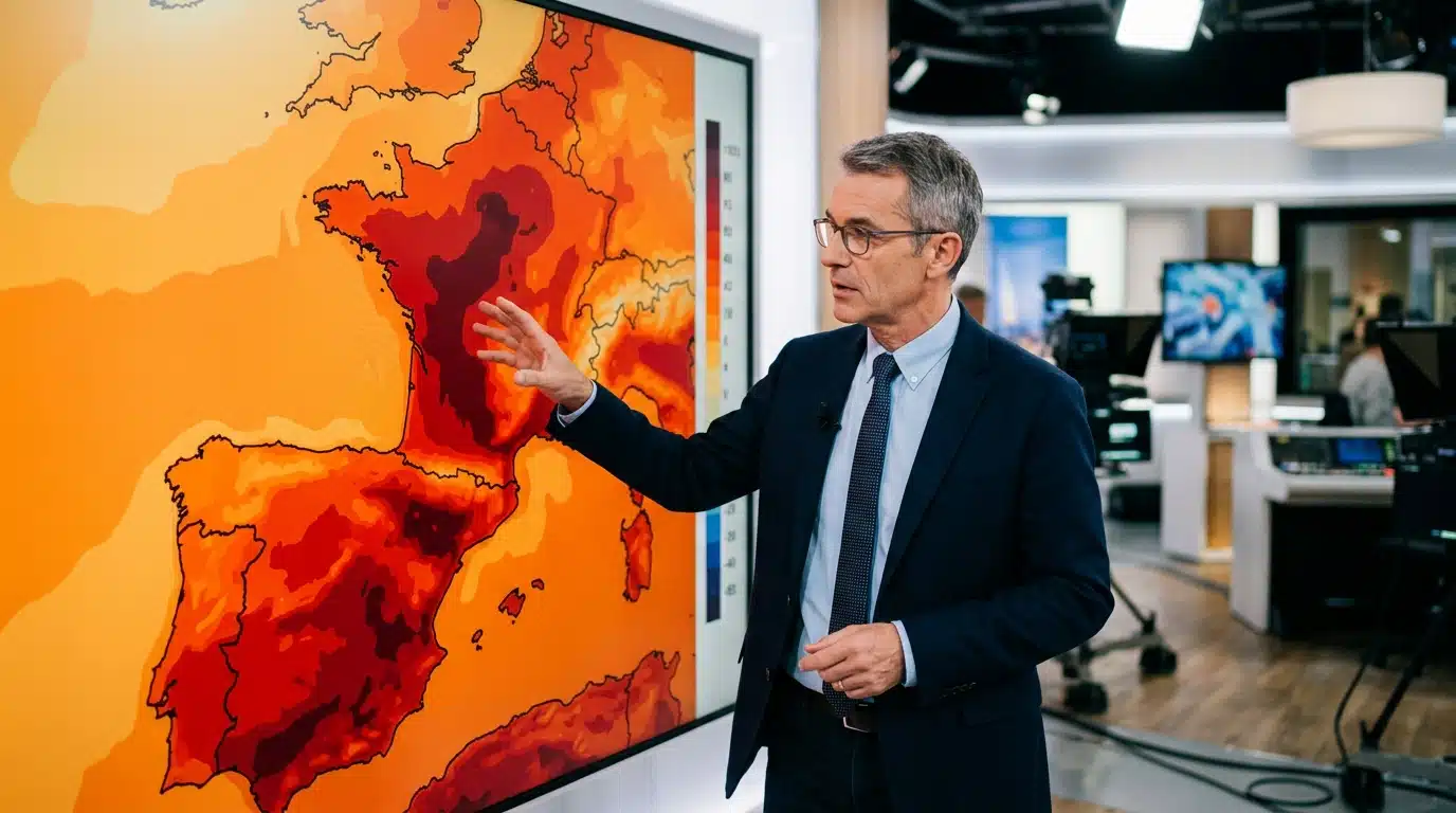 Météorologue devant une carte de chaleur montrant l'Espagne et la France