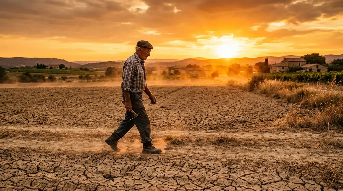 Agriculteur marchant sur un sol craquelé par la sécheresse en été