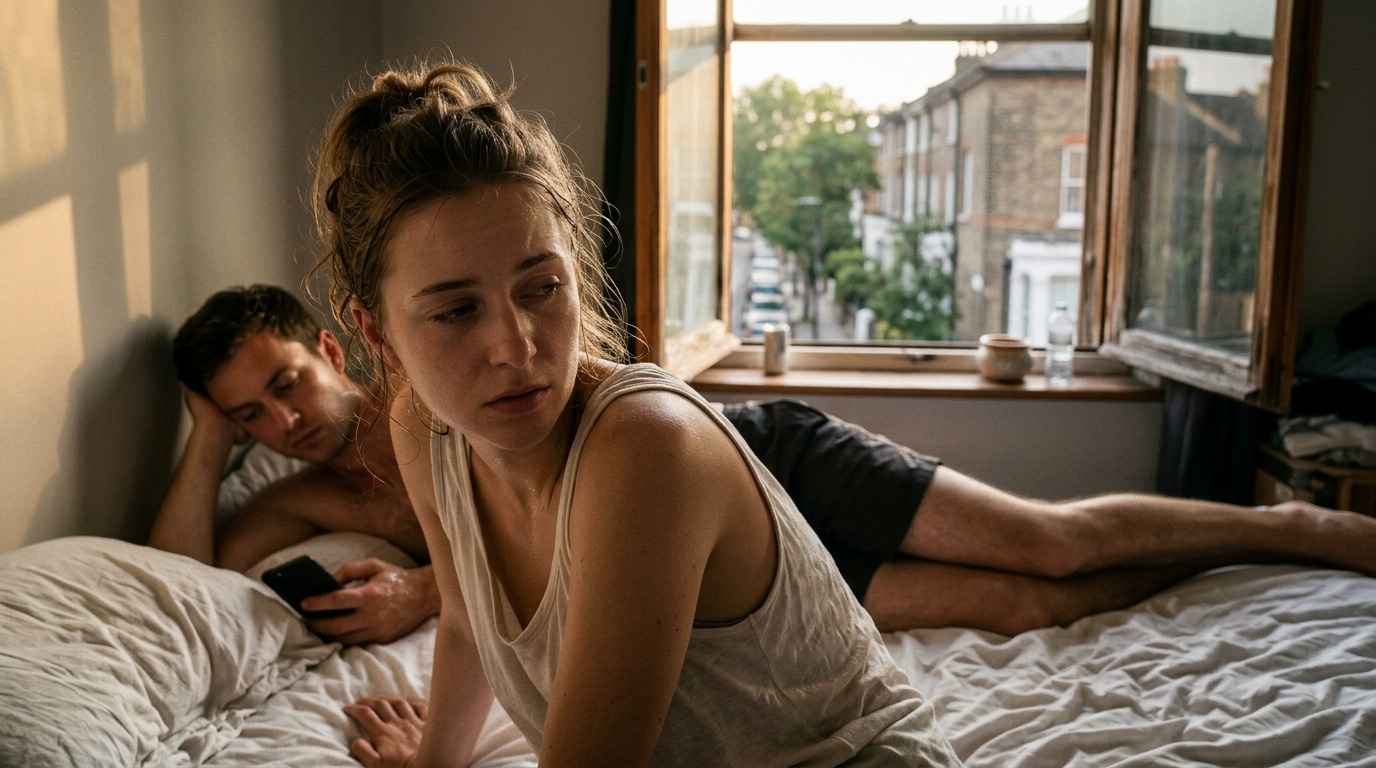 Couple allongé sur un lit pendant une canicule estivale