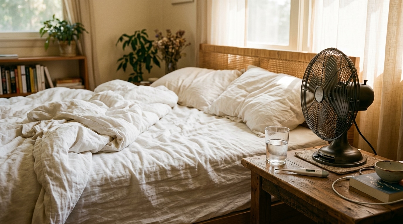 Ventilateur et draps froissés dans une chambre chaude