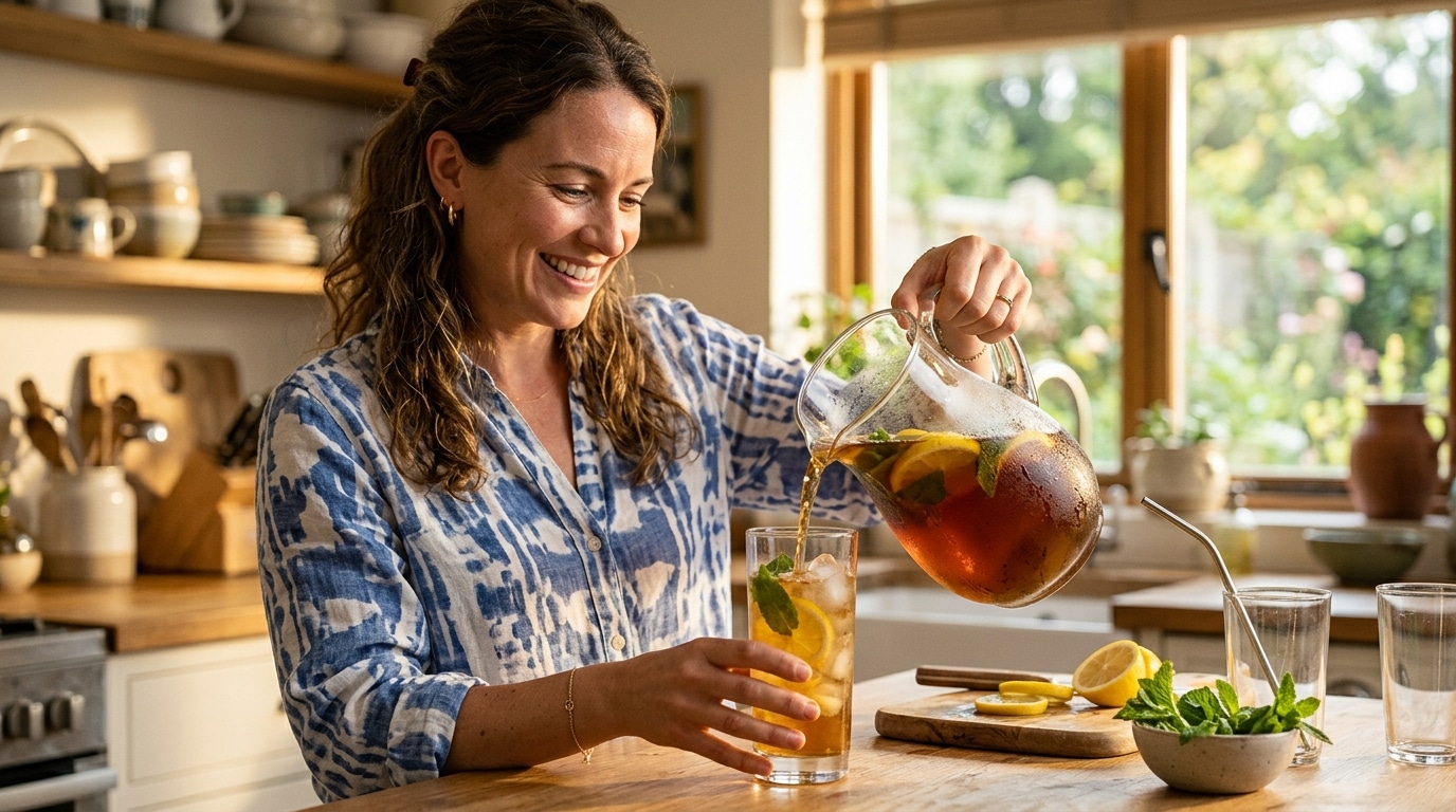 Femme versant du thé glacé maison au citron
