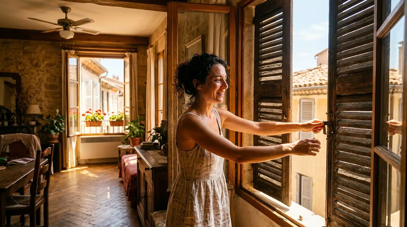 Femme fermant les volets pendant la canicule