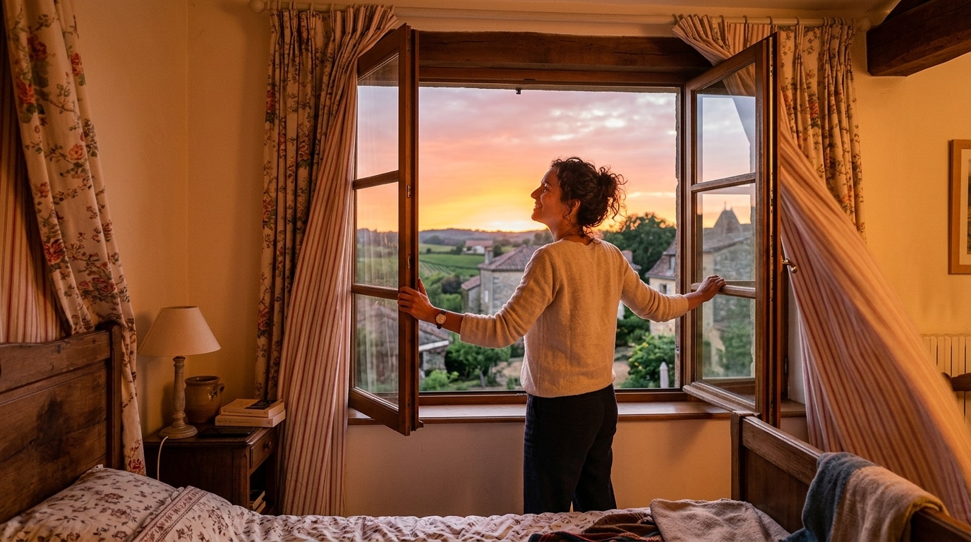 Fenêtre de chambre ouverte le soir pour ventiler