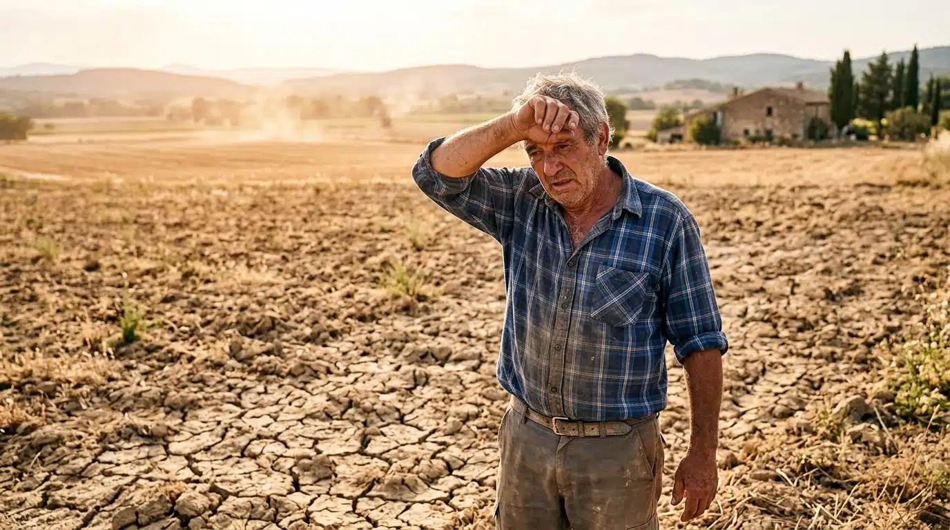 Agriculteur en sueur dans un champ asséché par la canicule
