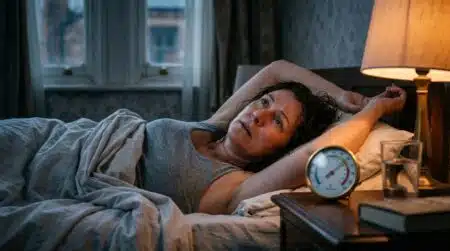 Femme allongée éveillée dans une chambre surchauffée la nuit