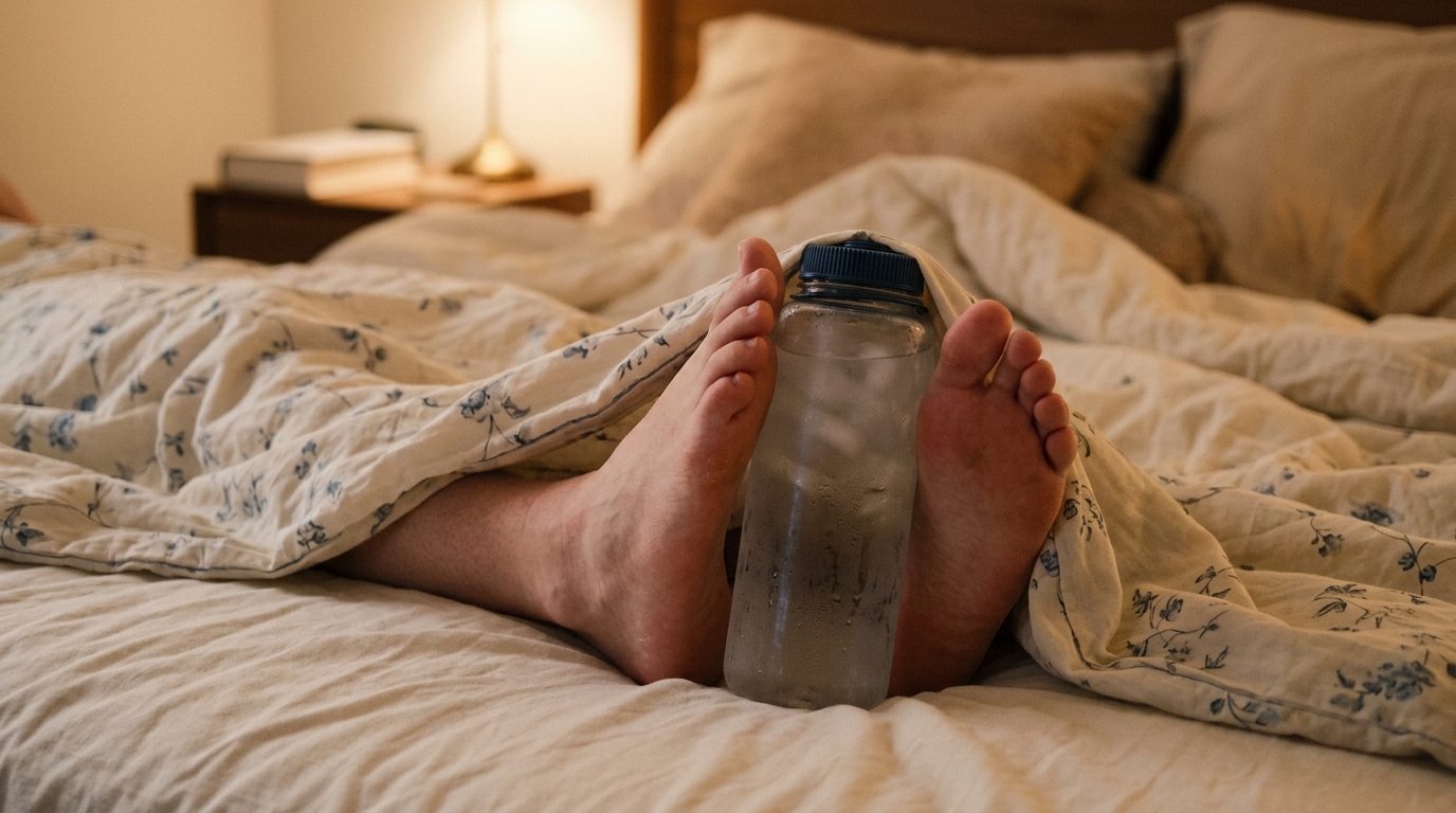 Pieds posés contre une bouteille d'eau froide sous le drap