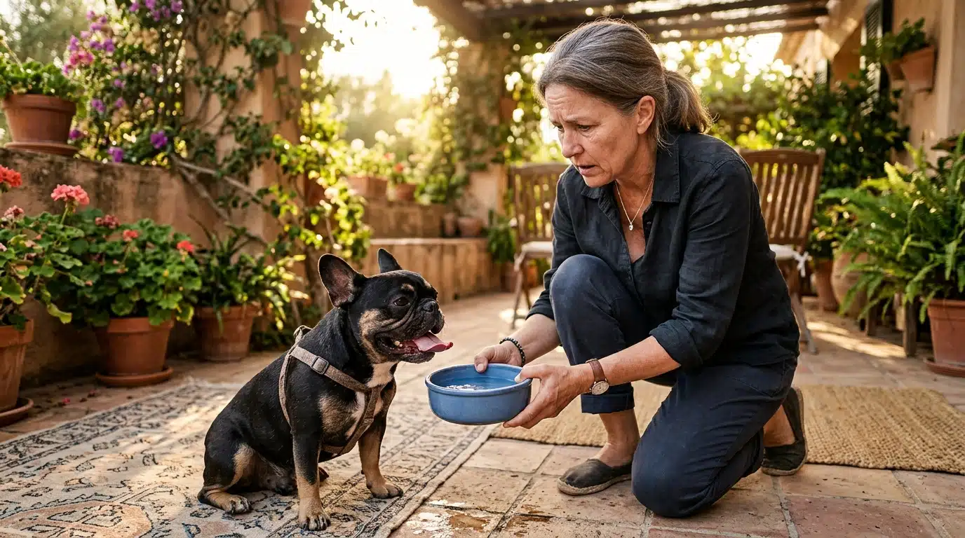 Femme donnant de l'eau fraîche à son bouledogue en canicule
