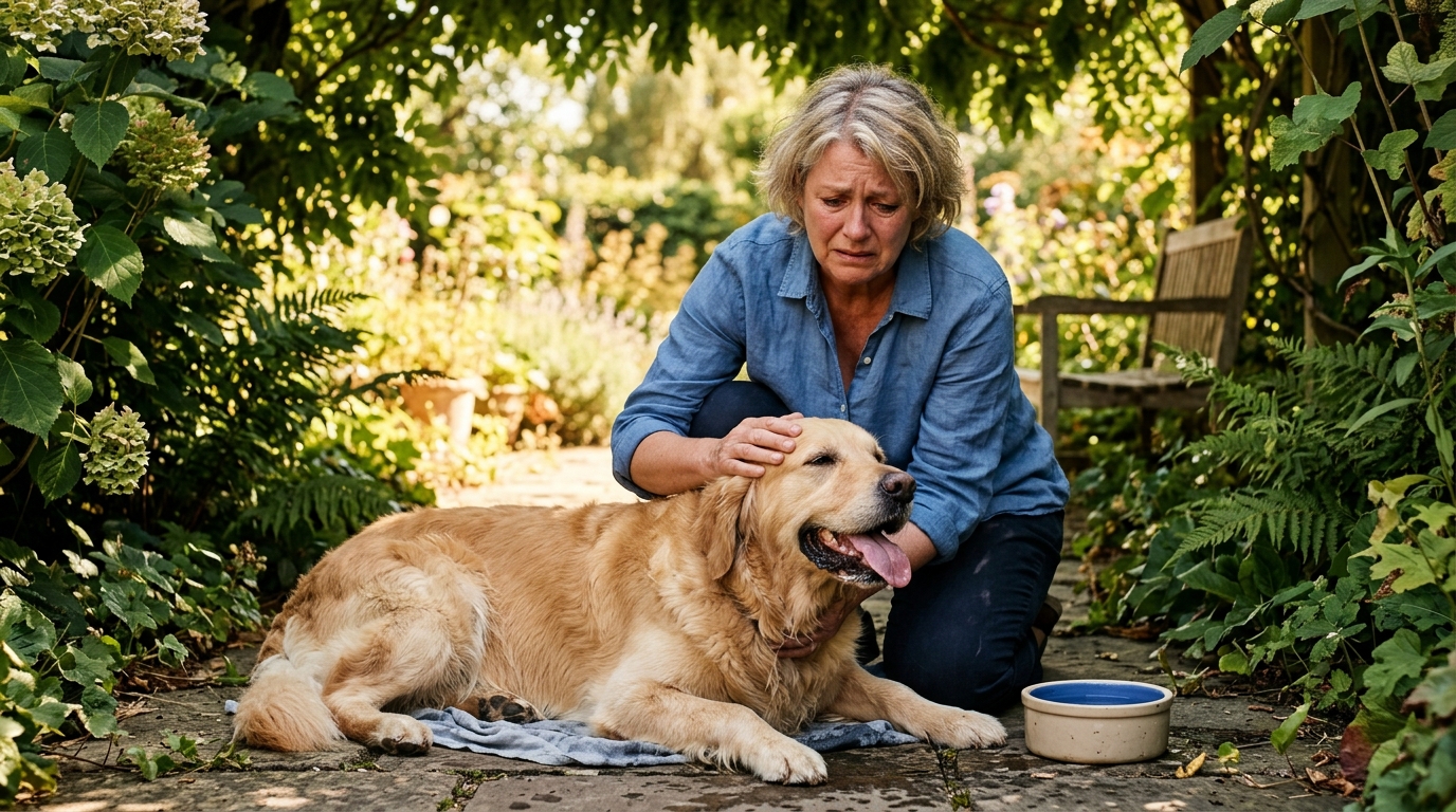 Femme inquiète surveille son chien qui halète en pleine chaleur