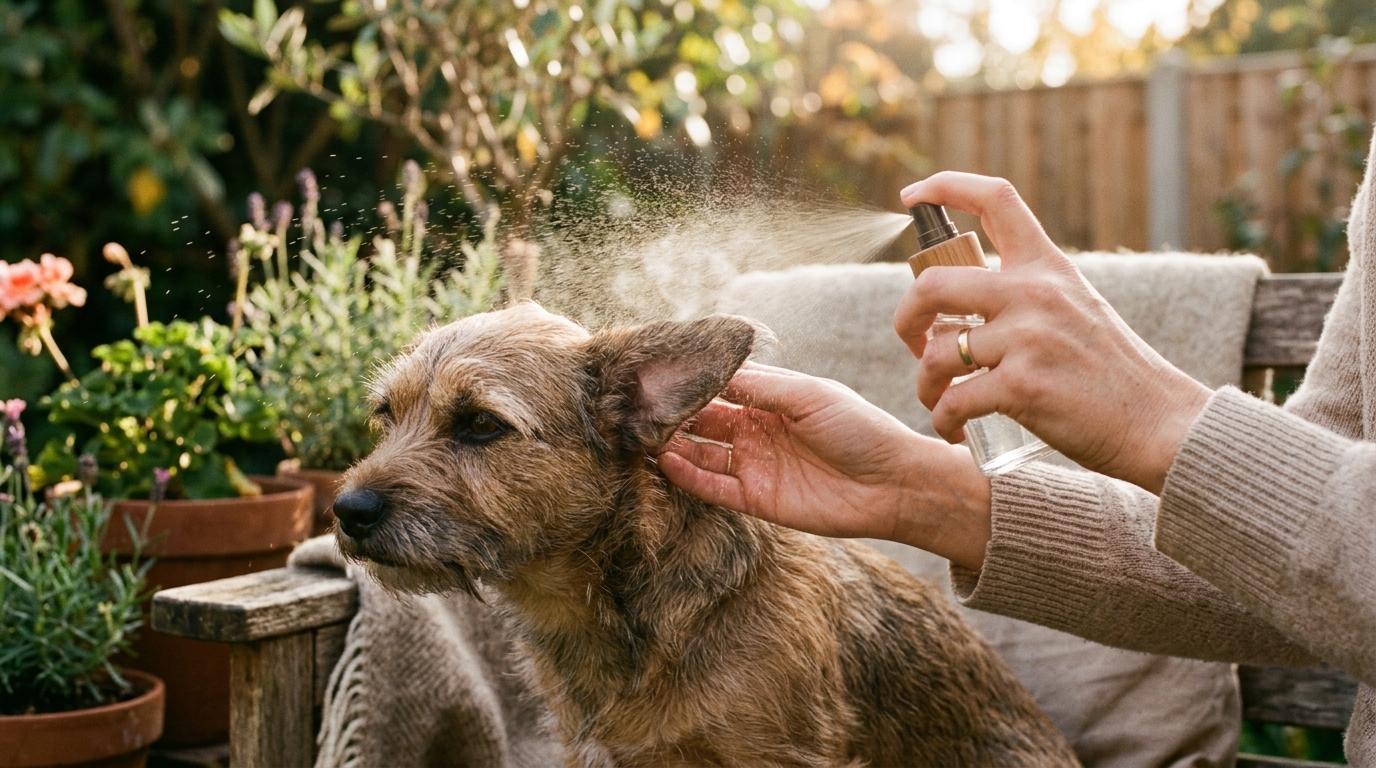 Main humaine brumisant délicatement l'oreille d'un chien