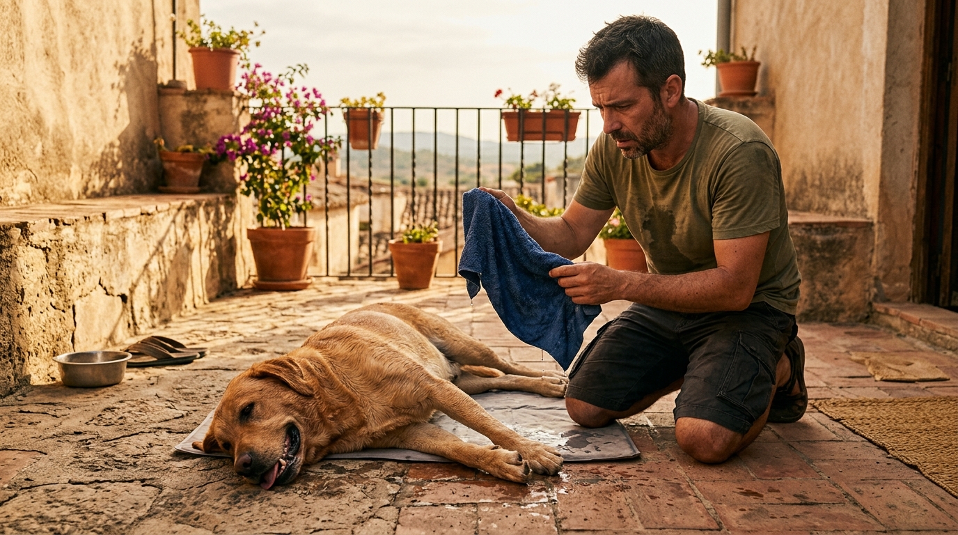 Homme hésitant avec une serviette glacée face à son chien épuisé