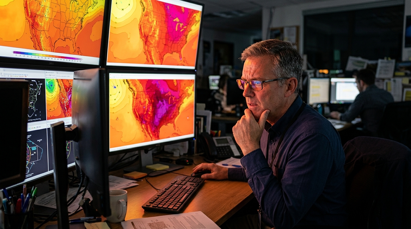 Météorologue analysant des cartes de chaleur inquiétantes