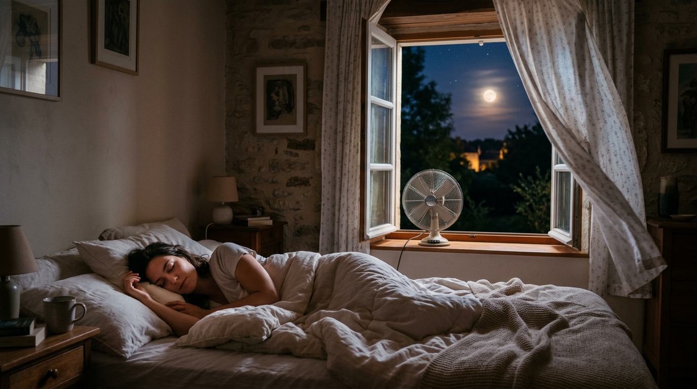 Ventilateur orienté vers la fenêtre ouverte la nuit