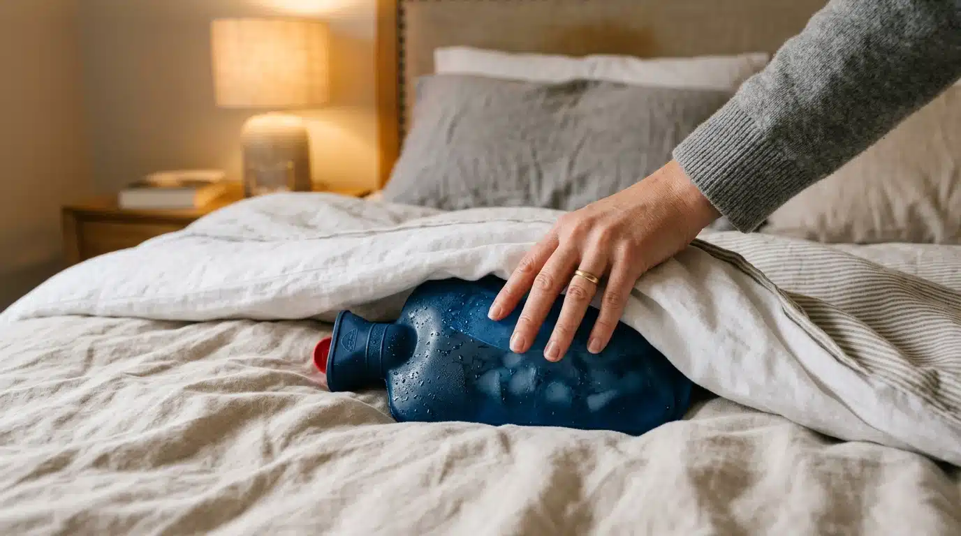 Bouillotte d'eau froide glissée sous les draps du lit