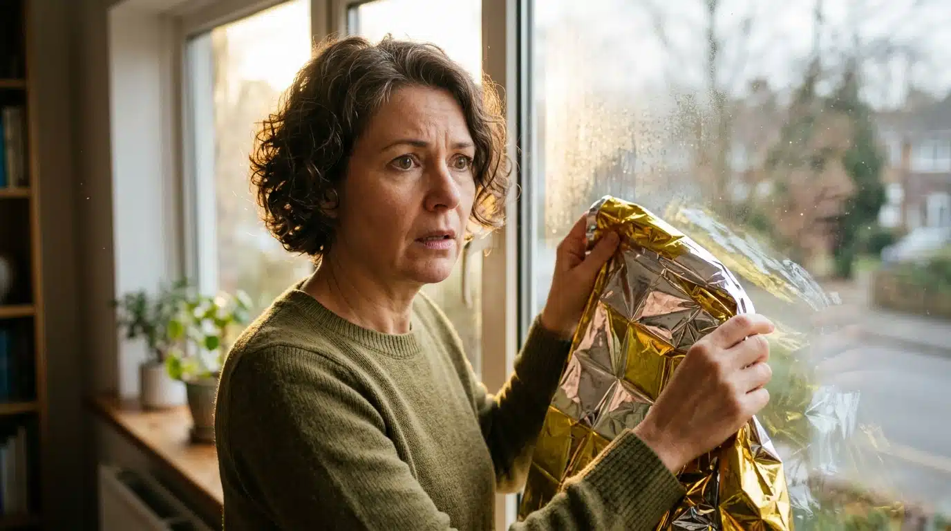 Femme surprise tenant une couverture de survie dorée