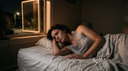 Personne épuisée allongée dans un lit en pleine nuit