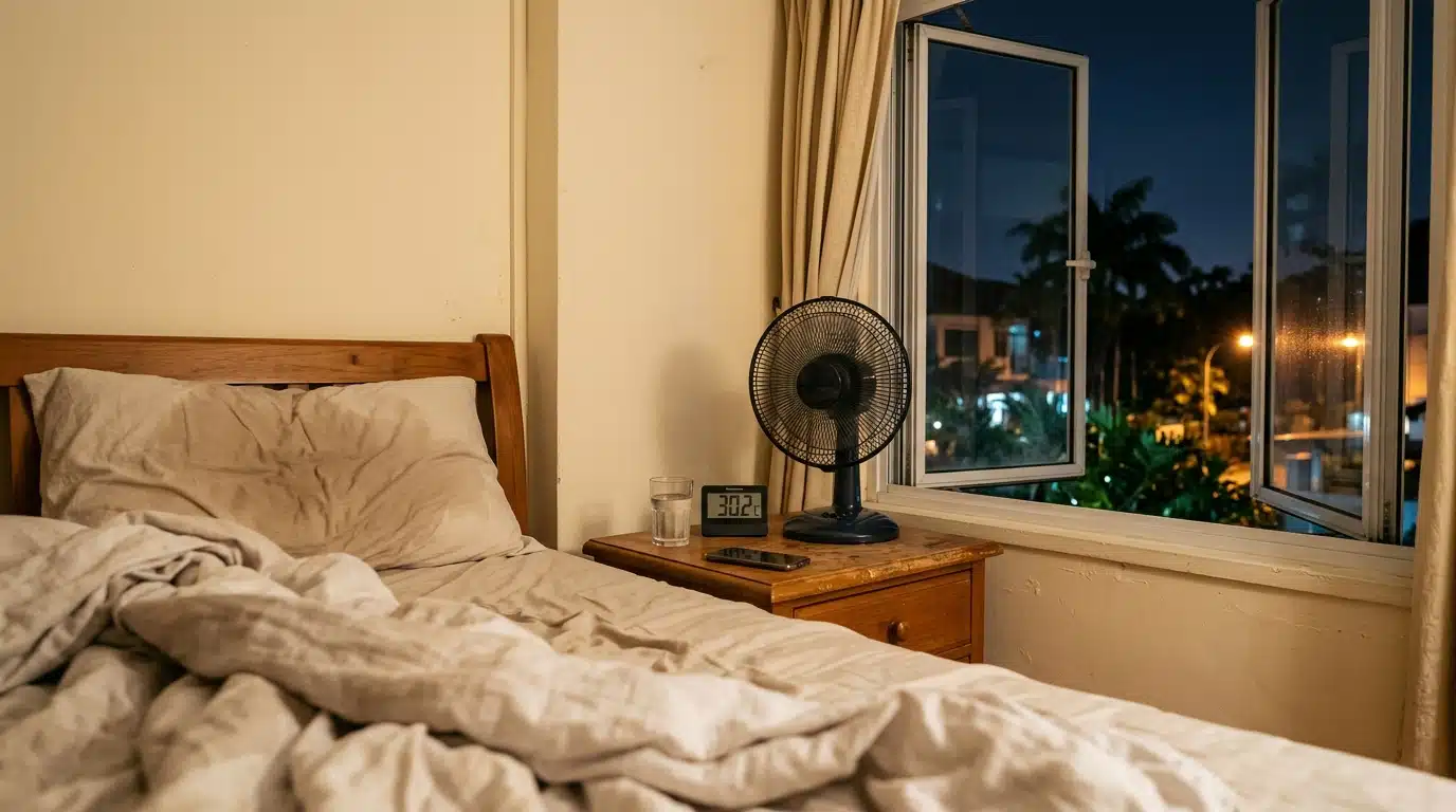 Ventilateur et thermomètre près d'une fenêtre ouverte la nuit