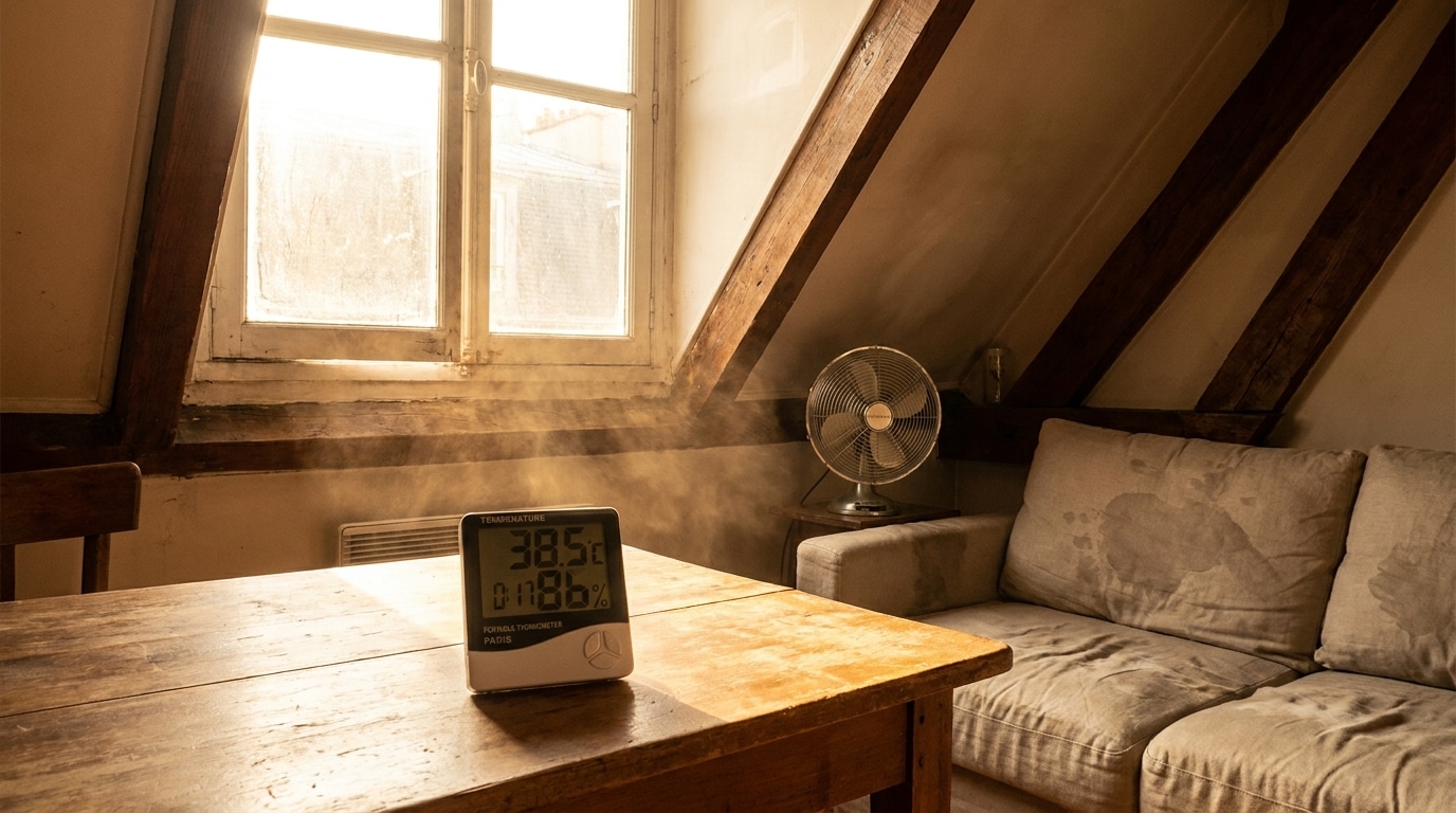 Thermomètre affichant une température élevée dans un appartement sous les toits