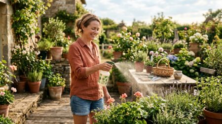 Femme brumisant sa terrasse avec un pulvérisateur de jardin