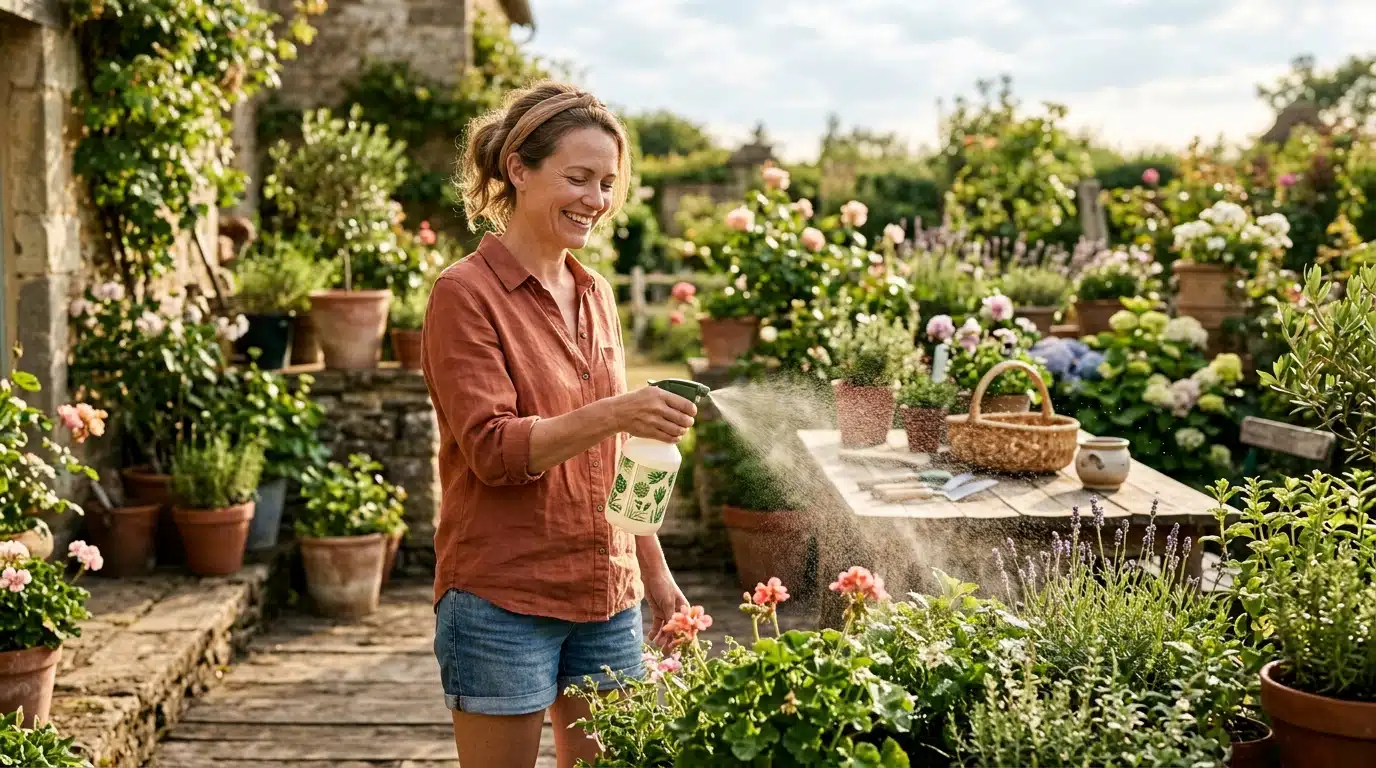 Femme brumisant sa terrasse avec un pulvérisateur de jardin