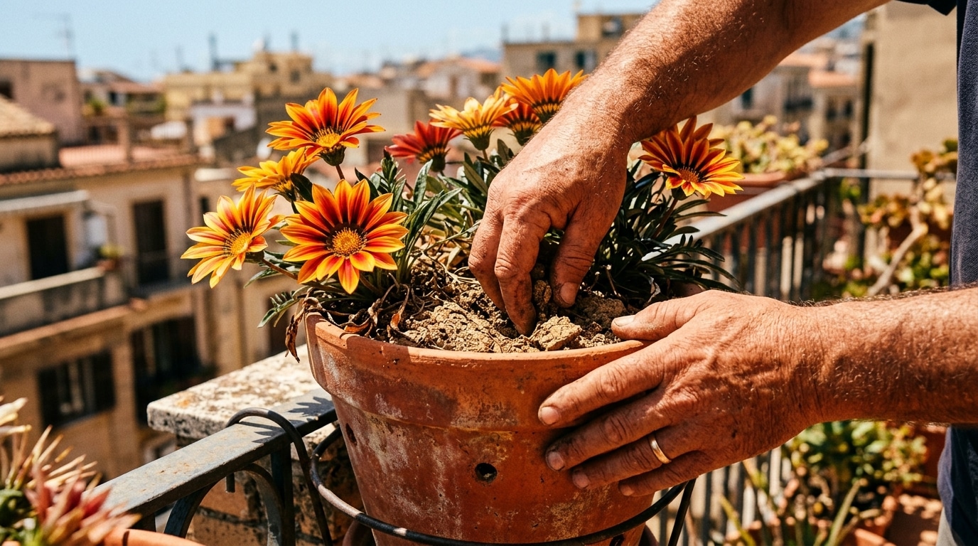 Mains vérifiant la terre sèche d'un pot de gazania