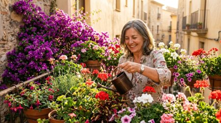 Femme arrosant des plantes fleuries sur un balcon ensoleillé