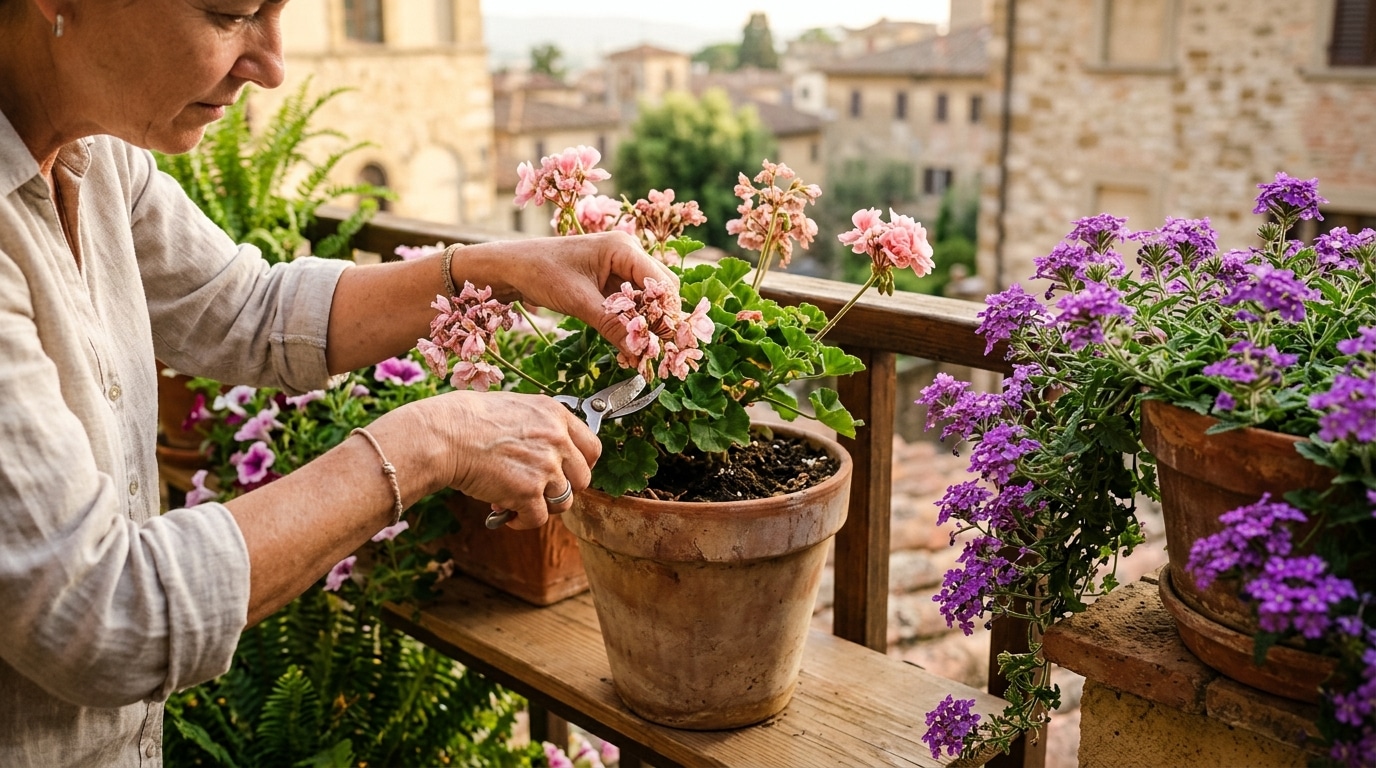 Mains taillant des géraniums fanés près de verveine retombante