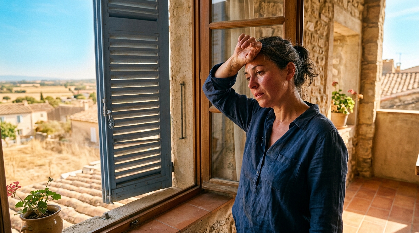 Femme s'éventant chez elle pendant la canicule