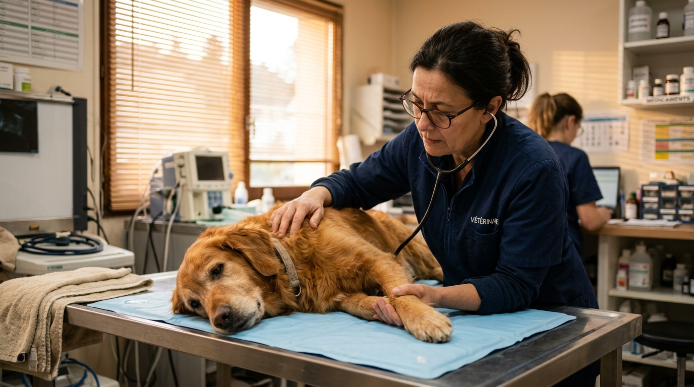 Vétérinaire examinant un chien pendant la canicule