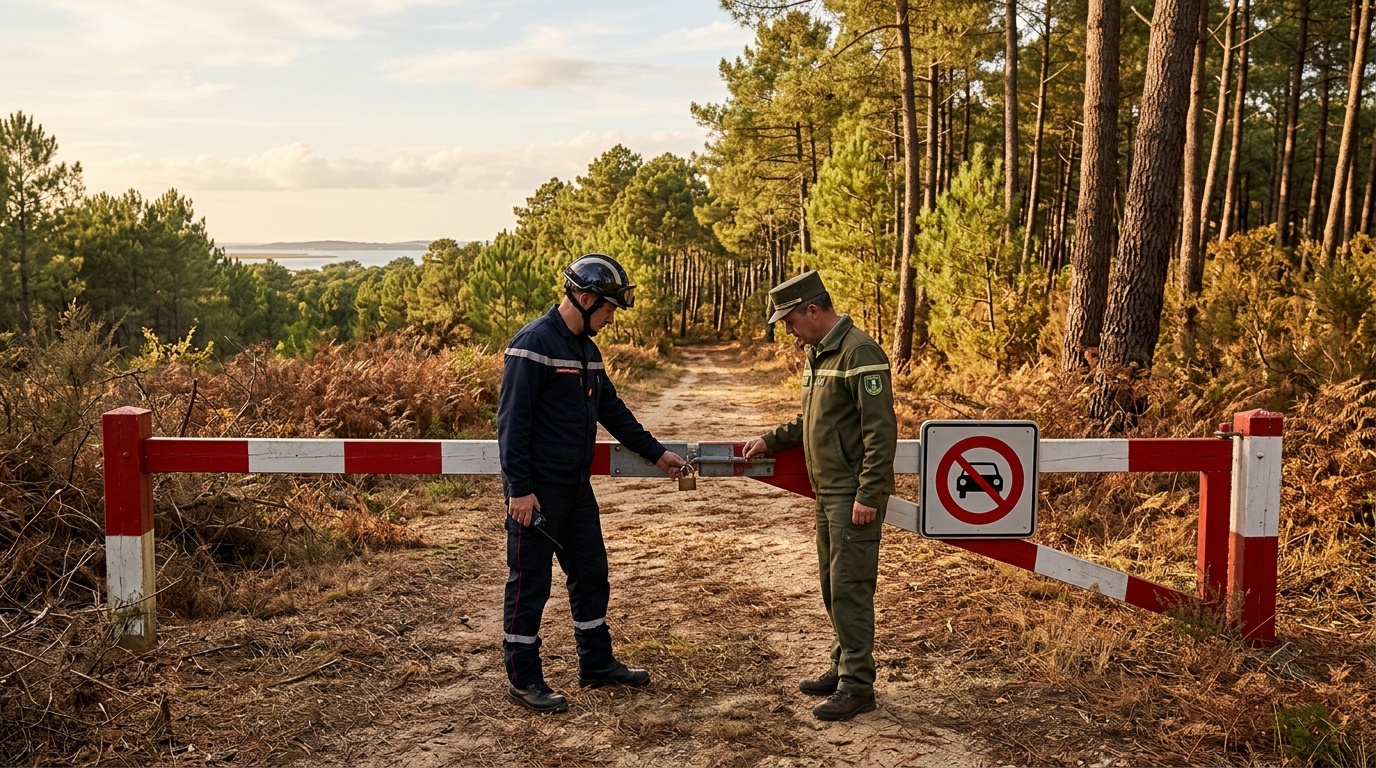 Piste forestière fermée près du Bassin d'Arcachon après le feu