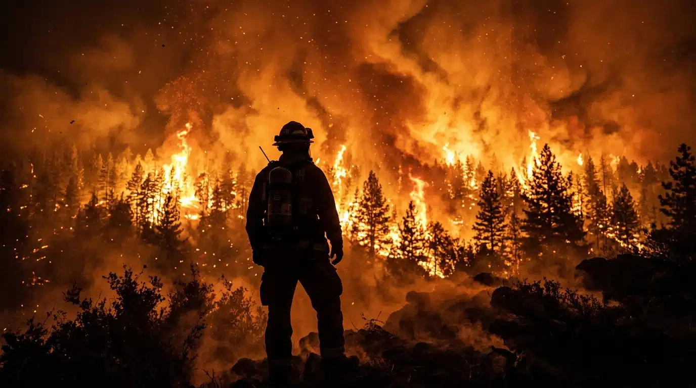 Pompier face aux flammes de l'incendie de Biscarrosse
