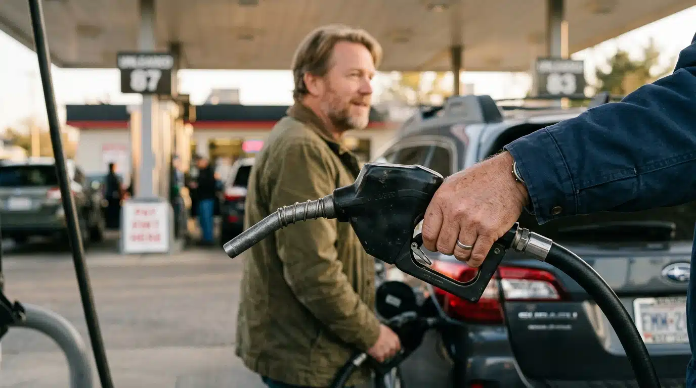 Automobiliste soulagé faisant le plein à la pompe