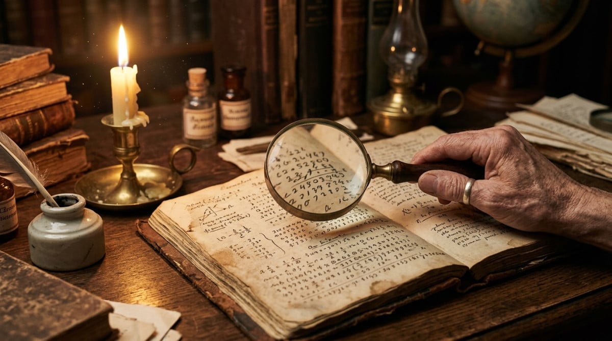 Carnet scientifique ancien avec chiffres manuscrits sur le fer