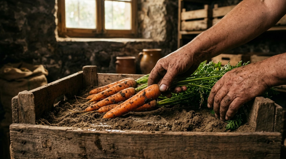Carottes posées dans du sable humide dans une caisse en bois