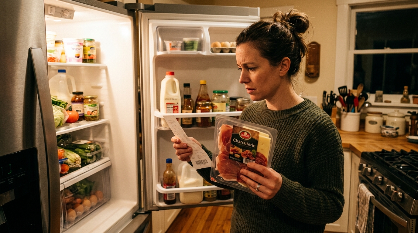 Femme vérifiant une charcuterie et son ticket de caisse