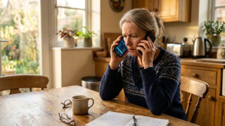 Femme inquiète consultant son application bancaire sur smartphone