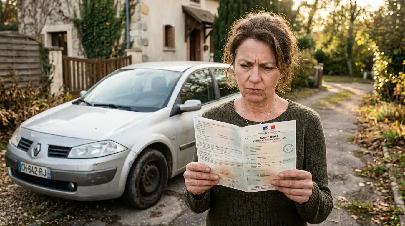Homme inquiet examinant une carte grise devant une voiture