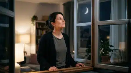 Femme regardant la lune par une fenêtre le soir