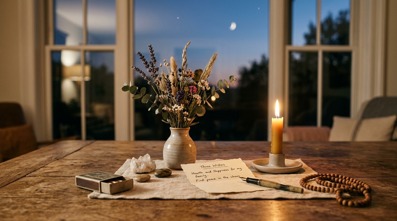 Petit rituel de bougie et vœux écrits sur table