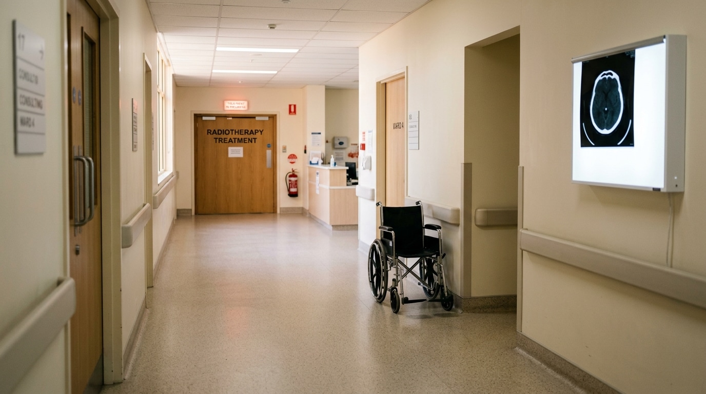 Couloir d'hôpital menant à une salle de radiothérapie
