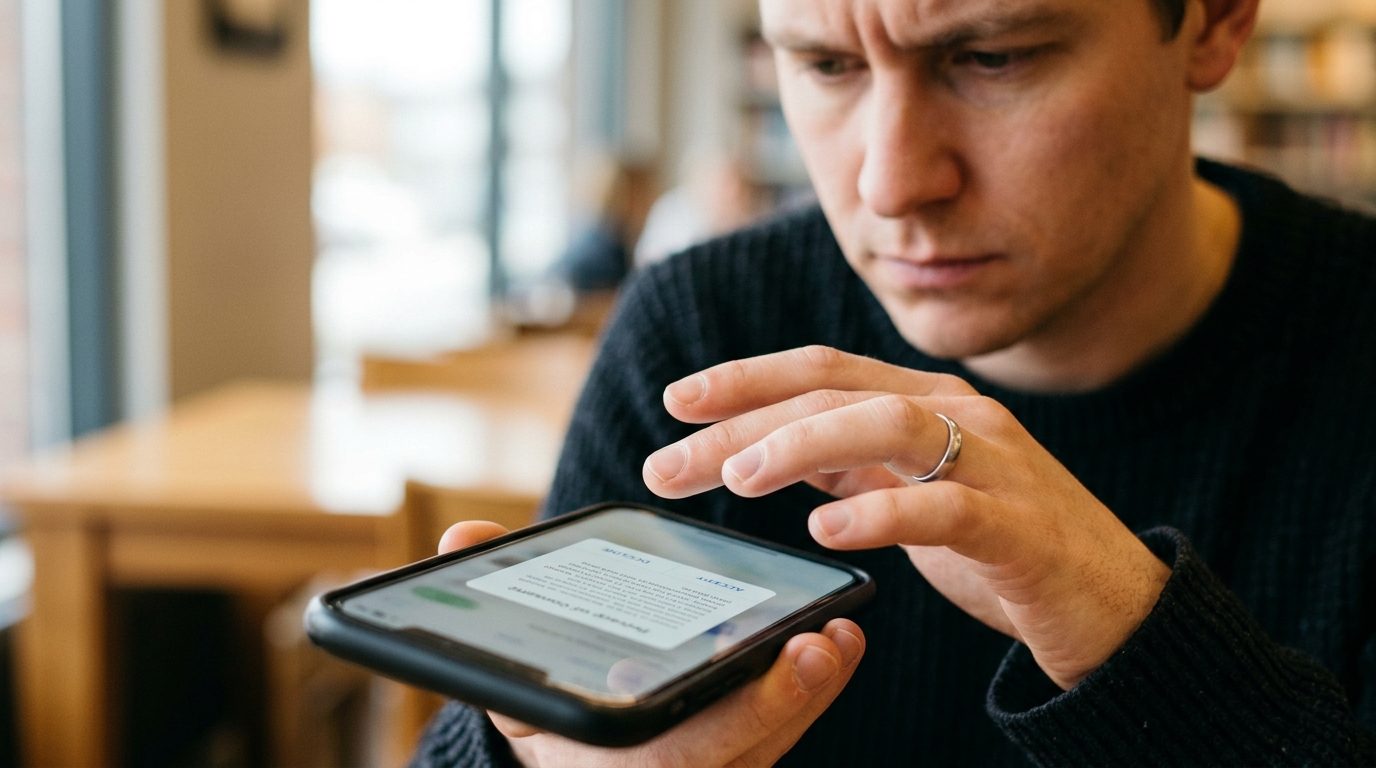 Main hésitant devant une fenêtre de consentement sur smartphone
