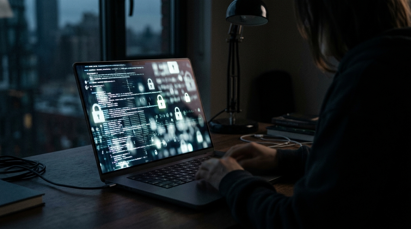 Écran d'ordinateur portable dans un bureau sombre la nuit