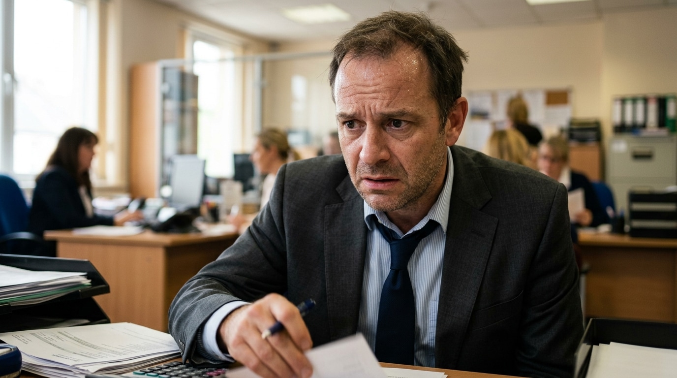 Homme anxieux dans un bureau bancaire, regard inquiet