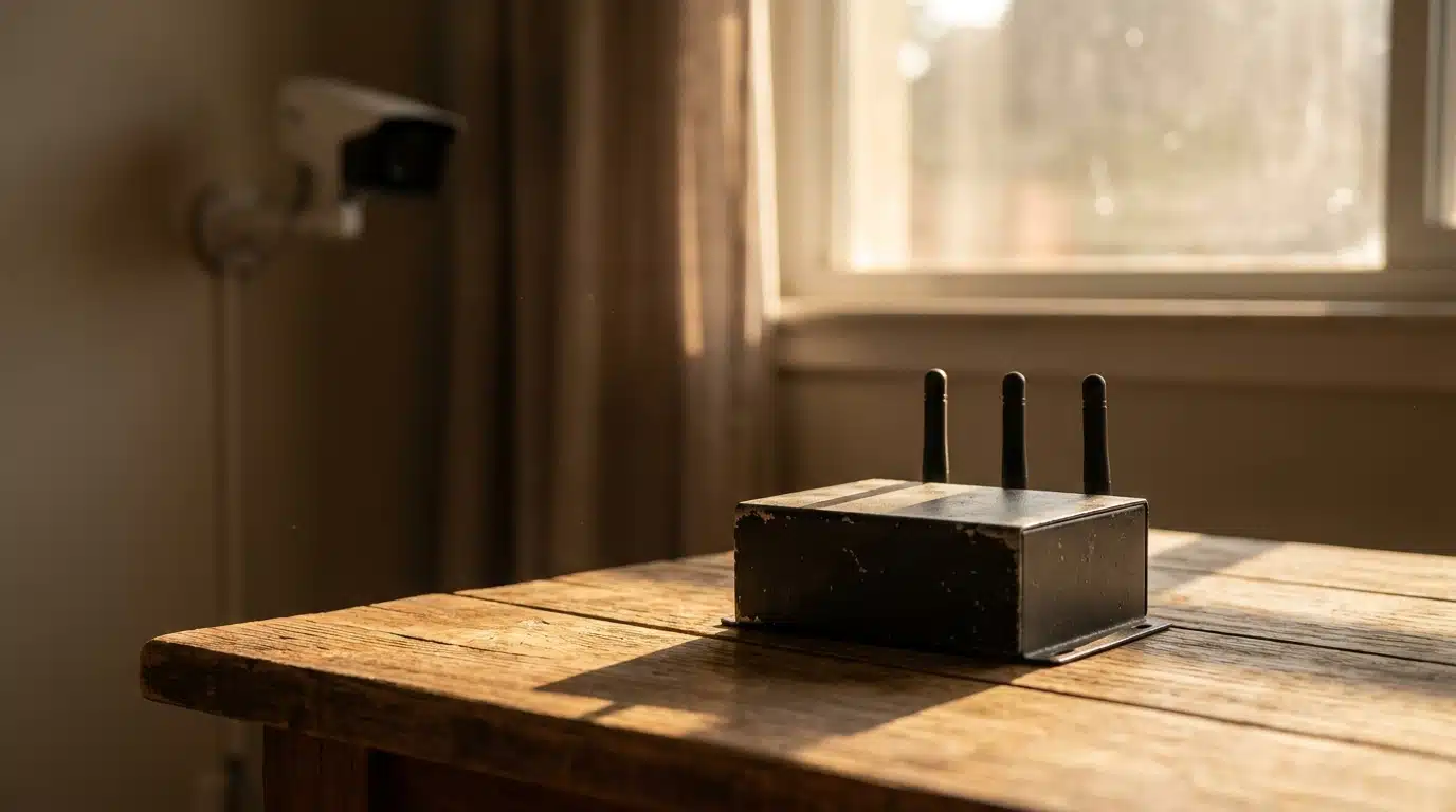 Boîtier brouilleur d'ondes noir posé près d'une caméra