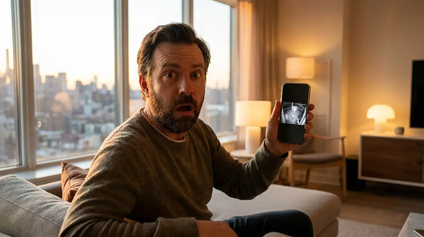 Homme choqué regardant une image de caméra figée sur téléphone