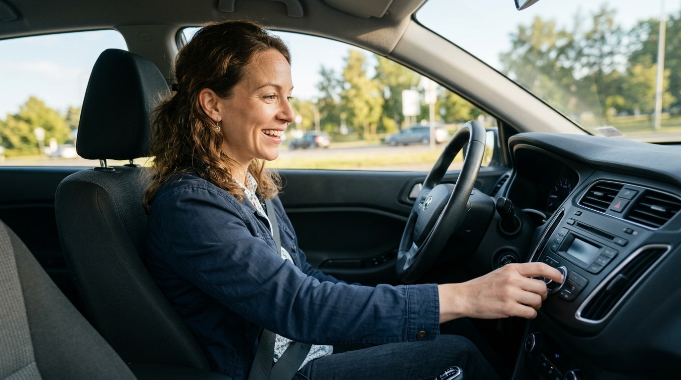 Conducteur souriant activant un réglage sur son tableau de bord
