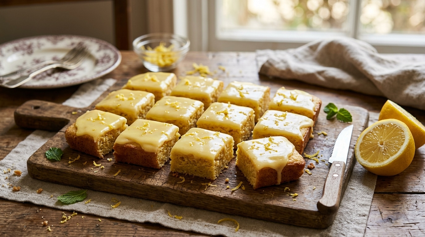 Carrés de brownie au citron glacés sur planche en bois